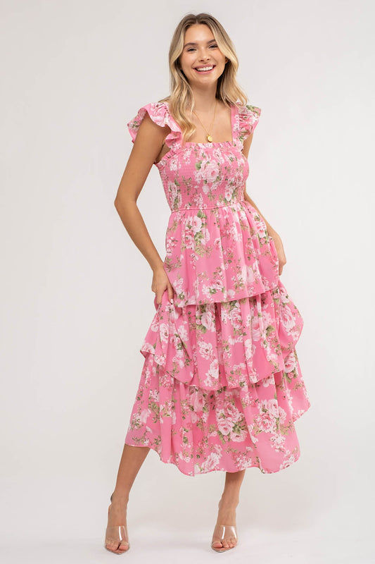 PINK ROSE FLORAL TIERED MIDI DRESS