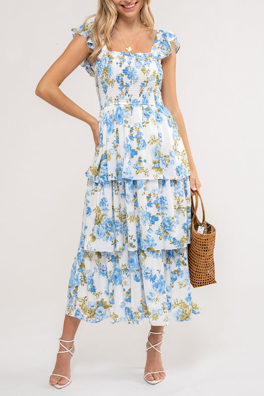 BLUE ROSE FLORAL TIERED MIDI DRESS